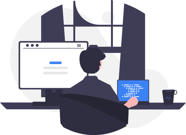 Person sitting at a desk working on a laptop that has a screen with a code editor open. A second monitor is visible with a browser open to a website.